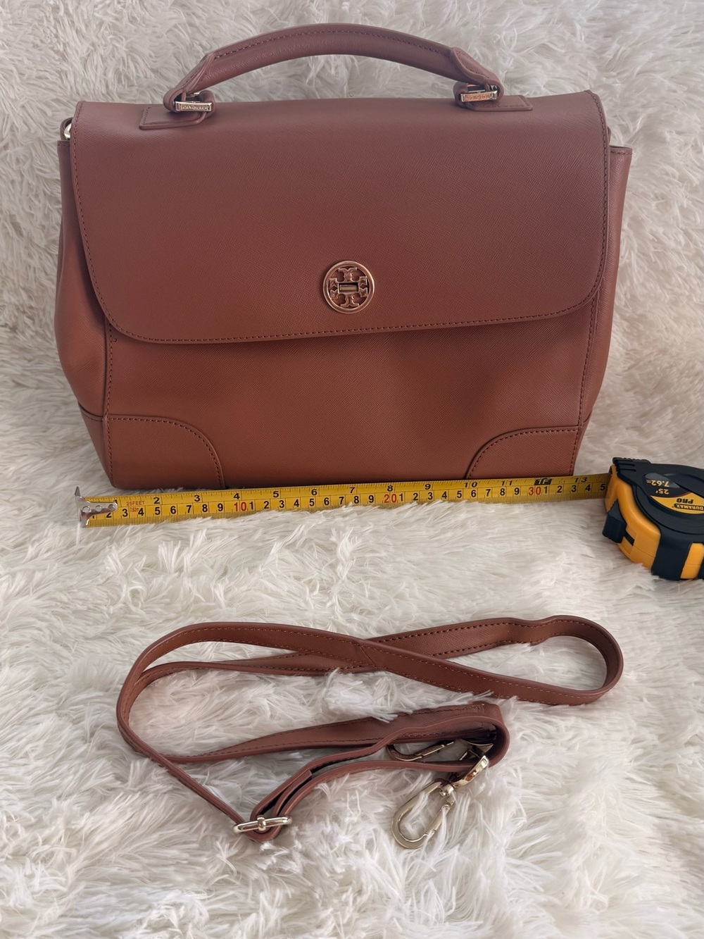 Tory Burch Cognac Leather Top-Handle Satchel with Gold Logo